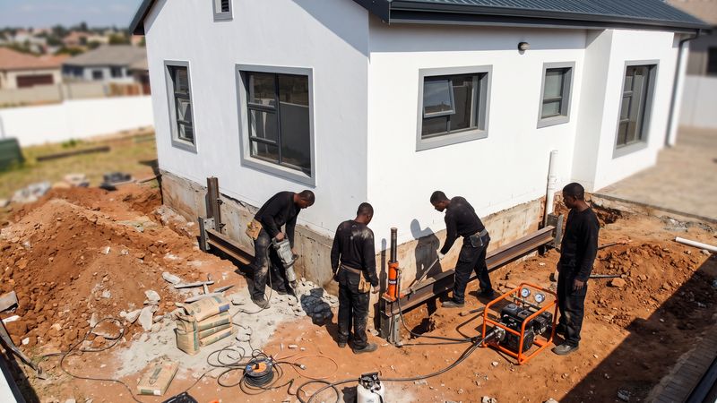 Workers excavating beside the foundation of a house, with a steel beam, hydraulic jack and pump on site